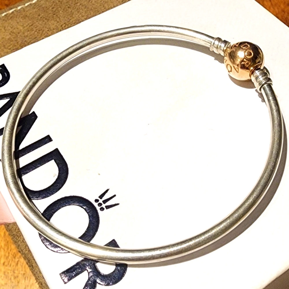 Pandora Bangle with 14k rose gold plated ball clasp size 19